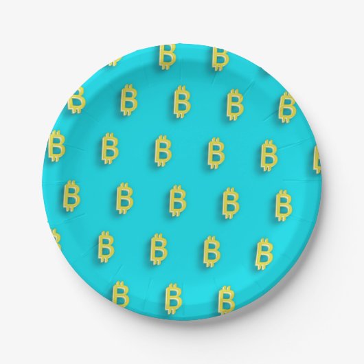 ビットコイン記号、BTC暗号ターコイズ青 ペーパープレート (正面)