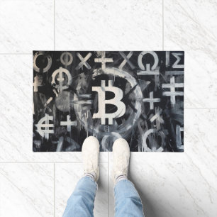 ビットコイン通貨ストリートアート (ブラックペインティング No. 4) ドアマット
