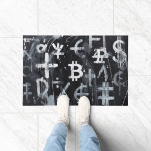 ビットコイン通貨ストリートアート (ブラックペインティング No. 6) ドアマット