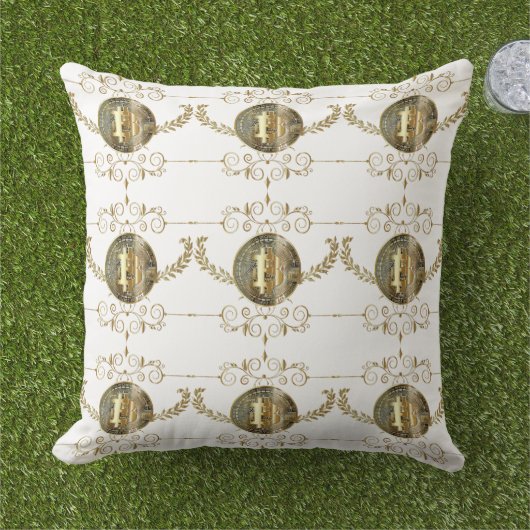 ビットコイン金ゴールドコインデジタルマネーホワイト アウトドアクッション (芝生)