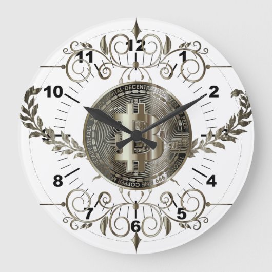 ビットコイン金ゴールドコインホワイト ラージ壁時計 (正面)