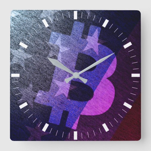 ビットコイン アメリカ ₿ (ネオン) スクエア壁時計 (正面)