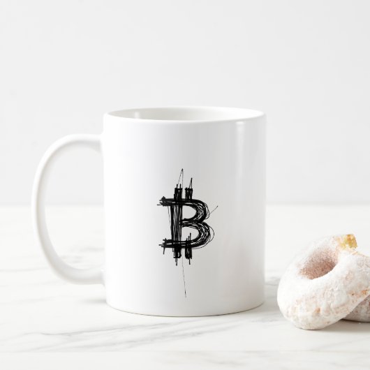 ビットコイン ラインアート ロゴ (黒 ₿) コーヒーマグカップ (ドーナツ)