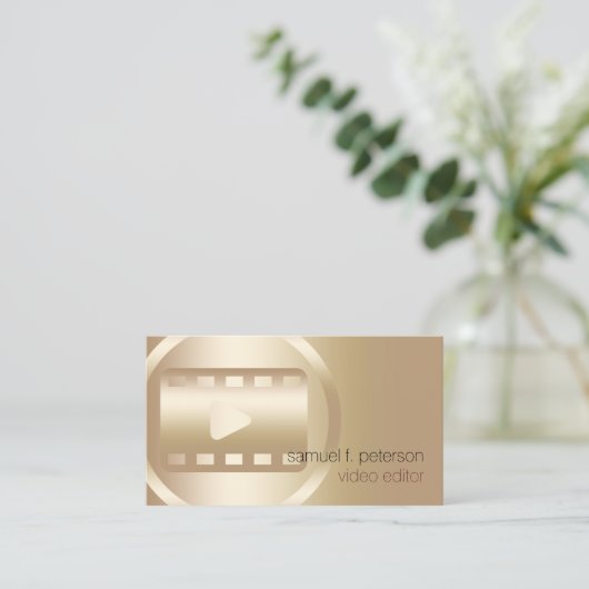 ビデオエディタエレガント金ゴールドビデオストリップアイコン 名刺 (スタンド正面)