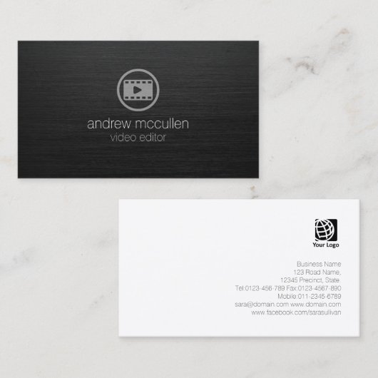 ビデオエディタビデオクリップアイコン濃いブラシ仕上げメタル 名刺 (正面/裏面)