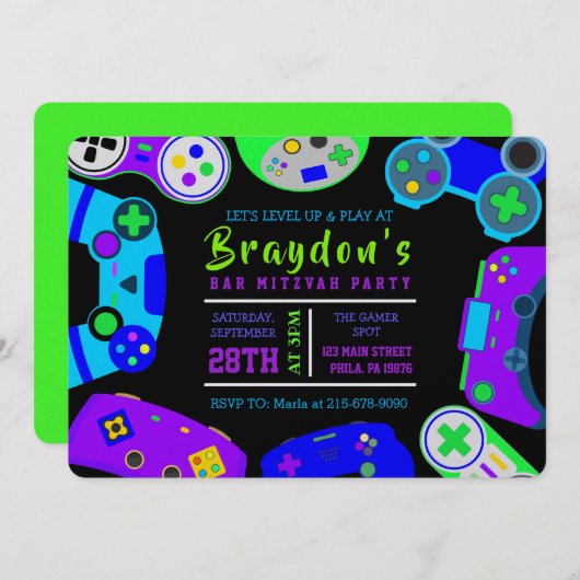 ビデオゲーマーゲーミングボーイズバルミツワー誕生日パーティー 招待状 (正面/裏面)