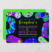 ビデオゲーマーゲーム子供の誕生日パーティー 招待状 (正面/裏面)