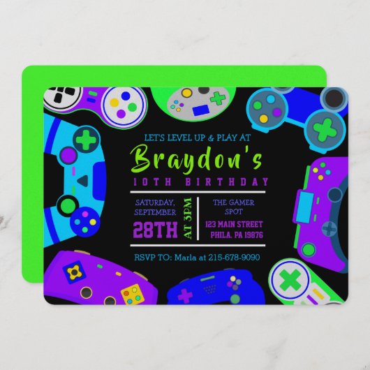 ビデオゲーマーゲーム子供の誕生日パーティー 招待状 (正面/裏面)