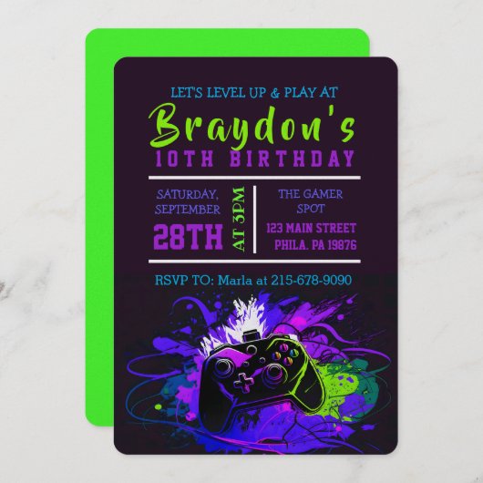 ビデオゲーマーゲーム誕生日パーティーへの招待 招待状 (正面/裏面)