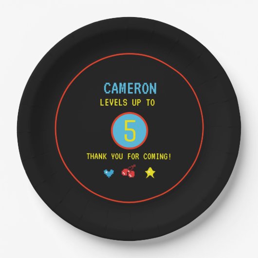 ビデオゲーマーピクセル名前をカスタムすると年齢5歳の誕生日 ペーパープレート (正面)