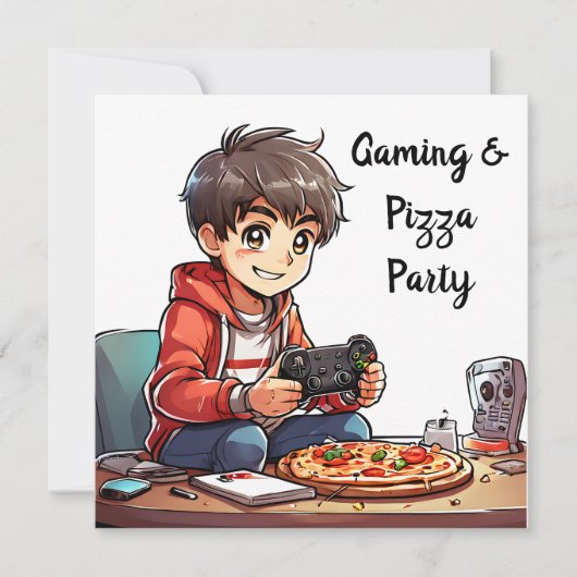 ビデオゲームとピザパーティーボーイの誕生日 招待状 (正面)
