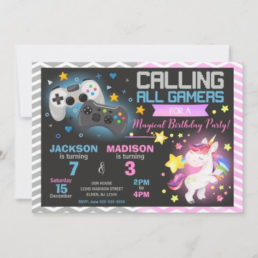 ビデオゲームとユニコーンのジョイント誕生日招待状 招待状 (正面)