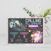 ビデオゲームとユニコーンのジョイント誕生日招待状 招待状 (スタンド正面)