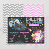 ビデオゲームとユニコーンのジョイント誕生日招待状 招待状 (正面/裏面)