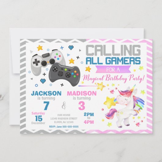 ビデオゲームとユニコーンのジョイント誕生日招待状 招待状 (正面)