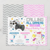 ビデオゲームとユニコーンのジョイント誕生日招待状 招待状 (正面/裏面)