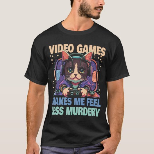 ビデオゲームのおかげで殺伐とした気分が和らぐ Murdery cat Tシャツ (正面)