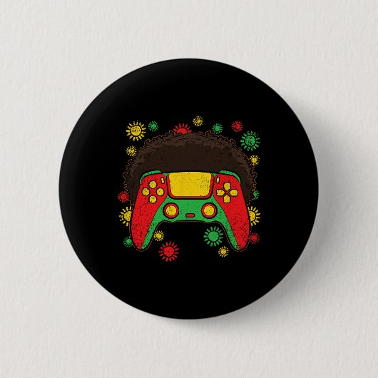 ビデオゲームのコントローラー アフロ 黒人の歴史月間 ゲーム 缶バッジ (正面)