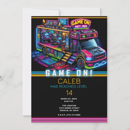 ビデオゲームのトラックバスゲーマー誕生日パーティー 招待状 (正面)