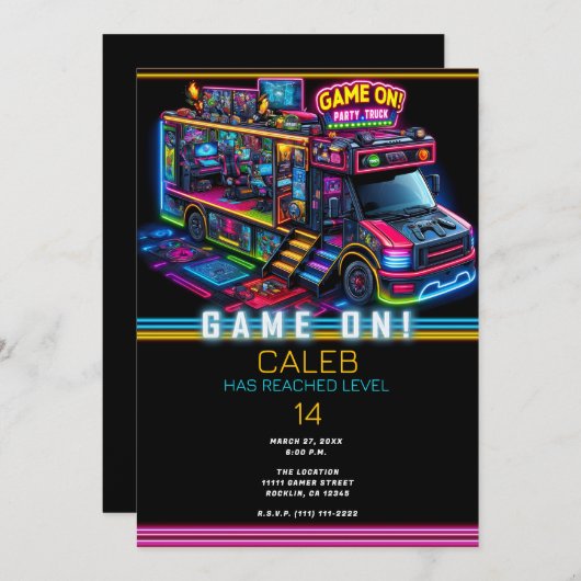 ビデオゲームのトラックバスゲーマー誕生日パーティー 招待状 (正面/裏面)