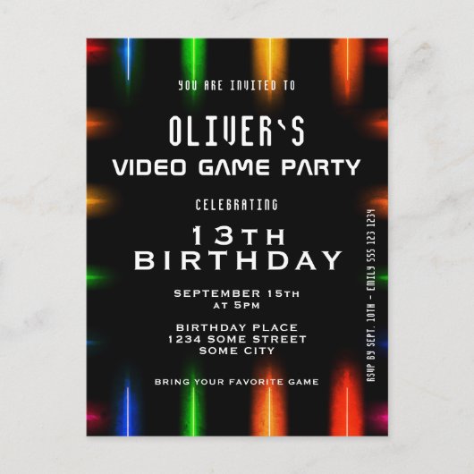 ビデオゲームのネオンカラーゲーム誕生日 インビテーションポストカード (正面)
