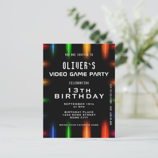 ビデオゲームのネオンカラーゲーム誕生日 インビテーションポストカード (スタンド正面)