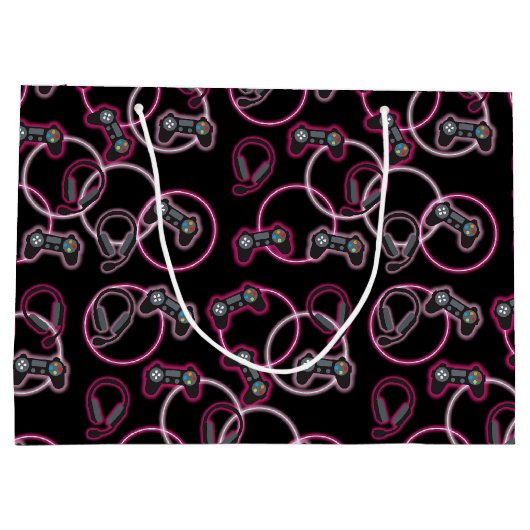 ビデオゲームのネオンピンクの女の子のパターン ラージペーパーバッグ (裏面)