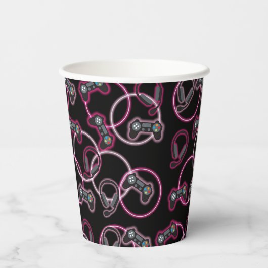 ビデオゲームのネオンピンクの女の子のパターン 紙コップ (裏面)