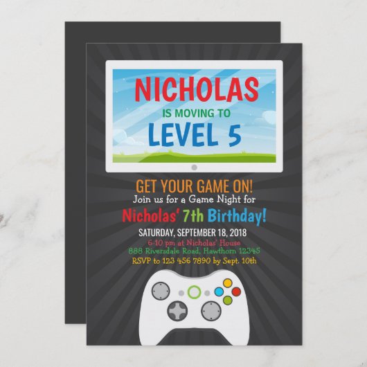 ビデオゲームの男の子の誕生日のパーティの招待状 招待状 (正面/裏面)