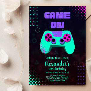 ビデオゲームの誕生日パーティー ネオン ゲームオン レベルアップ 招待状