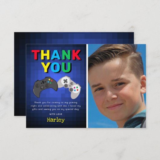 ビデオゲームの誕生日写真のお礼メッセージ サンキューカード (正面/裏面)