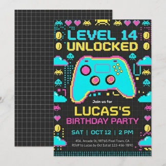 =ビデオゲームの誕生日招待状 ピクセルゲーマーパーティー 招待状