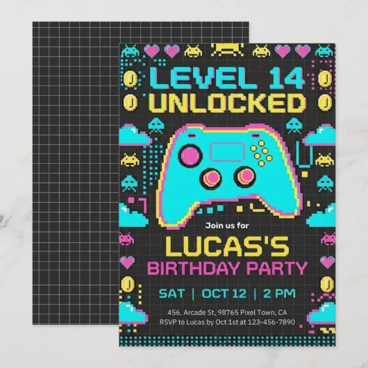 =ビデオゲームの誕生日招待状 ピクセルゲーマーパーティー 招待状 (正面/裏面)
