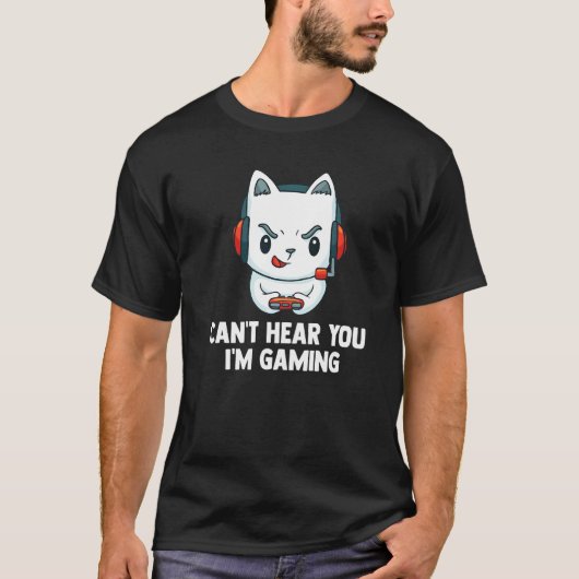 ビデオゲームをする猫が聞こえない Tシャツ (正面)
