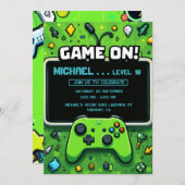 ビデオゲームグリーン子供の誕生日パーティの招待状 シーズンカード (正面/裏面)