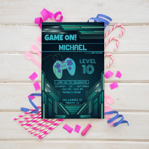 ビデオゲームグリーン子供の誕生日パーティー招待状 招待状