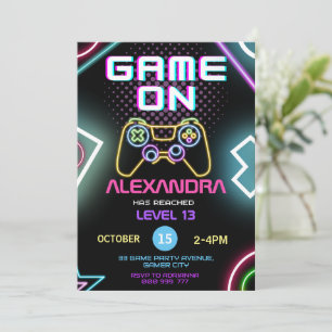 ビデオゲームゲーマーガールネオン誕生日招待状 招待状