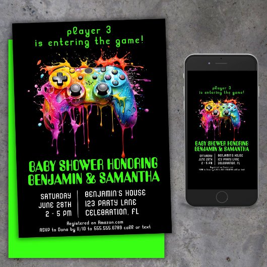 ビデオゲームゲーマーニュートラルベビーシャワー 招待状