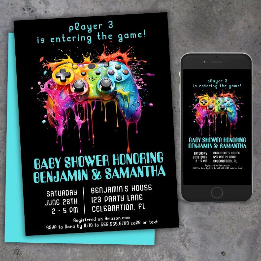 ビデオゲームゲーマーブルーベビーシャワー 招待状