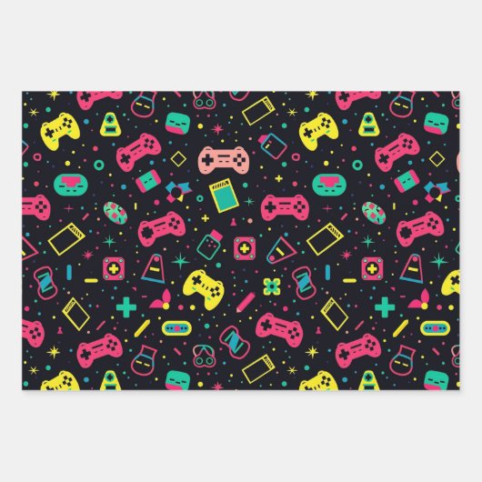 ビデオゲームコントローラとおもちゃのパターン ラッピングペーパーシート (正面)