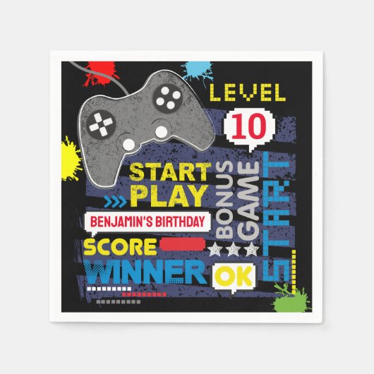 ビデオゲームコントローラのレベルアップゲーマー誕生日 スタンダードカクテルナプキン (正面)