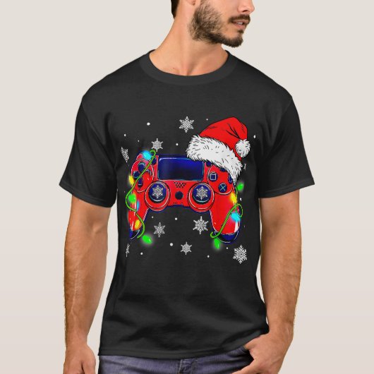 ビデオゲームコントローラクリスマスサンタハットゲーマーボー Tシャツ (正面)