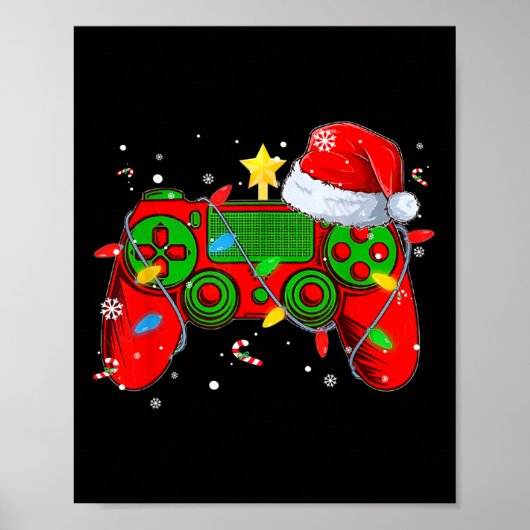 ビデオゲームコントローラー クリスマス サンタ帽子 ゲーマー ボーイ ポスター (正面)