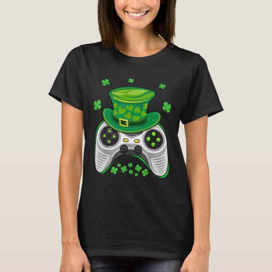 ビデオゲームコントローラ シャムロック ゲーマー 聖パトリックの祝日 Tシャツ (正面)