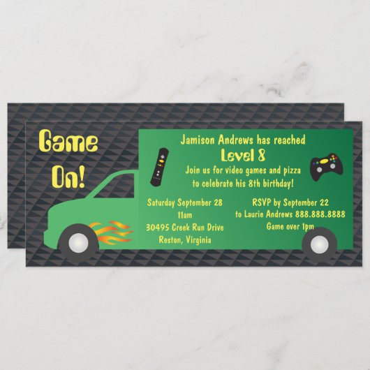 ビデオゲームトラック誕生日パーティー 招待状 (正面/裏面)