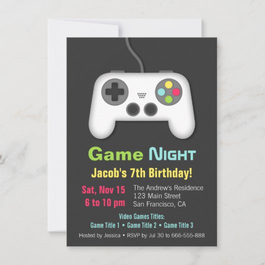 ビデオゲームナイト男子誕生日パーティー招待状 招待状 (正面)
