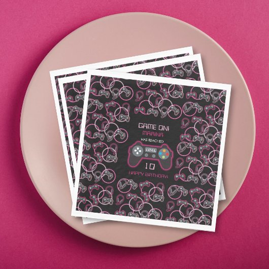 ビデオゲームネオンピンクガールズバースデーパーティー スタンダードランチョンナプキン