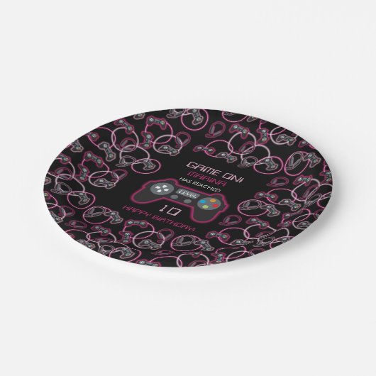 ビデオゲームネオンピンクガールズバースデーパーティー ペーパープレート (アングル)