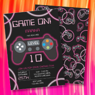 ビデオゲームネオンピンクガールバースデーパーティー 招待状