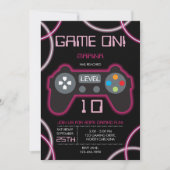 ビデオゲームネオンピンクガールバースデーパーティー 招待状 (正面)